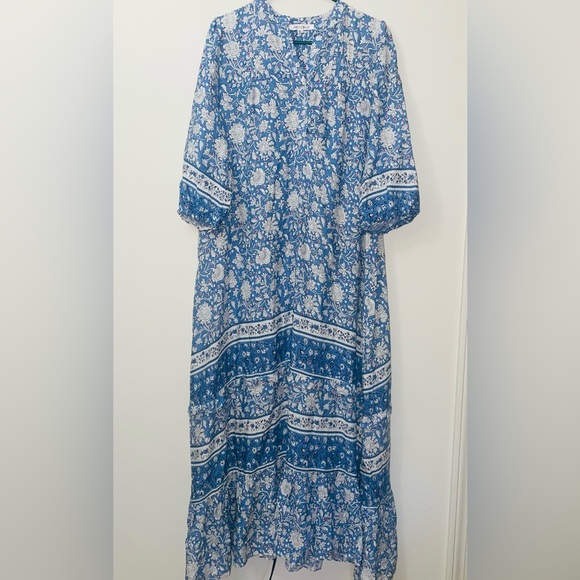 Heccpli Women’s 3/4 Sleeve Blue Floral Boho Maxi Dress Buttons and Tie Waist - Picture 4 of 14